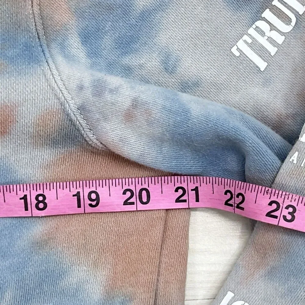 True Religion Hoodie Mens Small Tie Dye Blue Logo Spell Out Sleeves Pockets